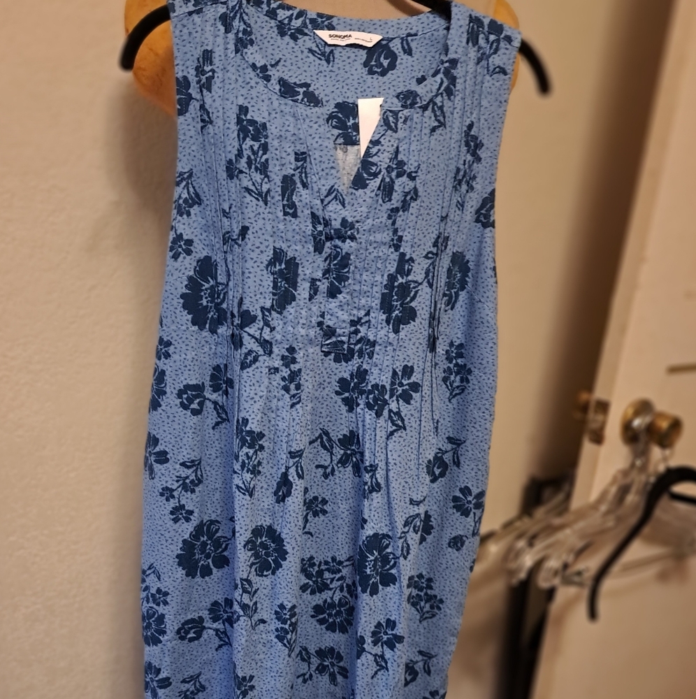 NWT Sz L Sonoma Sleeveless Blue Floral Linen Rayon Dress W Pockets
